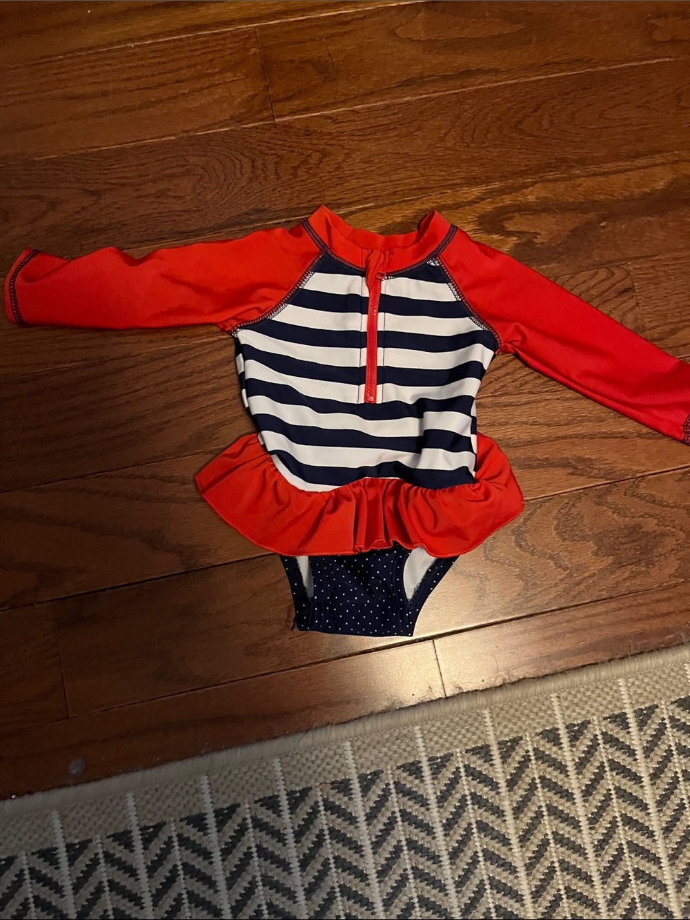 Cat and Jack Kids Long-Sleeve Rashguard Swimsuit - Red & Navy Stripe 3/6m